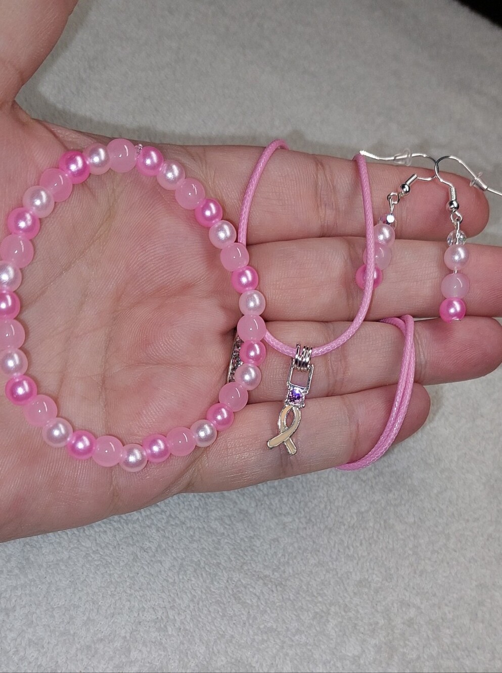 Pink Pearl Bead Bracelet, Necklace & Earring Set - Breast Cancer Ribbon Charm